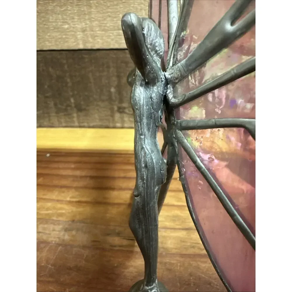 Flaw-Vintage Lead Pewter Fairy with Pink Stained Glass Wings -read